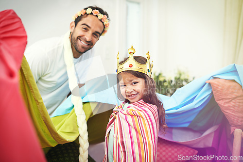 Image of Fantasy, dress up dad portrait and children in a blanket fort with costume, girl and kids together. Play castle, happiness and smile with father and child in home feeling excited and happy about game