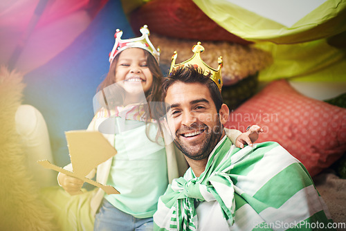 Image of Fantasy dress up, kid portrait and dad together and princess fun in a bedroom fort with crown and girl. Play castle, happiness and smile with father and child in a home excited and happy about a game