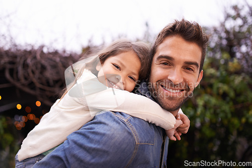 Image of Happy, piggyback or portrait with father and daughter in nature for bonding, fun and affectionate. Smile, relax and happiness with man carrying young child in garden park for support, weekend or care