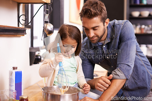 Image of Cooking, pancakes and father with daughter in kitchen for breakfast, bonding and learning. Food, morning and helping with man and young girl in family home for baking, support and teaching nutrition