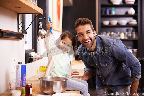 Image of Cooking, breakfast and portrait of father with daughter in kitchen for pancakes, bonding or learning. Food, morning and helping with man and young girl in family home for baking, playful or nutrition