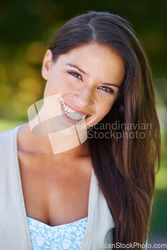 Image of Happy, smile and portrait of a woman with dental care in a park in summer for beauty, oral hygiene and confident in nature. Face, garden and young female person outdoor with clean mouth or dentistry