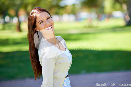 Image of Happy, park and fashion portrait of a woman outside in summer for beauty, excited and confident in nature. Garden, Brazilian and female person or model outdoor with freedom, sunshine and style