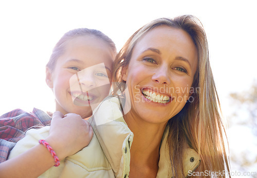 Image of Face portrait, hug and happy mom, kid or people trekking, walking or hiking in nature, forest or outdoor woods. Mothers day, family and child smile, bonding and together with mother on piggyback ride