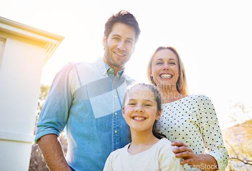 Image of Portrait, sunshine and happy family child, mother and father support, bonding and enjoy outdoor quality time together in Spain. Love, sky or happiness of mama, papa and youth kid smile for unity care