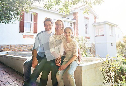 Image of New house, outdoor portrait or relax happy family with luxury home, real estate or property purchase, sale or investment. Backyard, bond or sitting woman, man or homeowner people smile for relocation