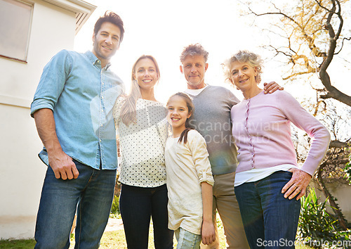 Image of Hug, backyard portrait and happy family grandparents, parents and kid bonding, smile and spending outdoor time together. Wellness, solidarity and reunion people enjoy spring sunshine, nature and love