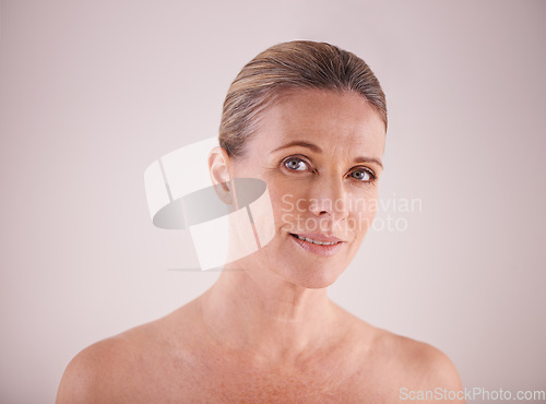 Image of Mature woman, portrait or anti age skincare, natural or beauty for facial treatment dermatology, makeup or cosmetics. Healthy skin, female model and senior lady with wrinkles and confidence on mockup