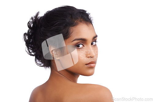 Image of Portrait, dermatology and Indian woman with beauty, luxury and girl isolated against a white studio background. Face detox, female person and model with salon treatment, confidence and spa grooming
