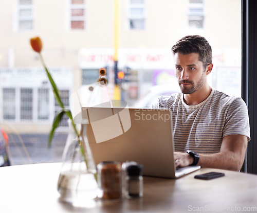 Image of Entrepreneur, laptop or man in cafe typing an email or networking on internet or digital website. Coffee shop, remote work or trader reading news online the stock market for trading report update