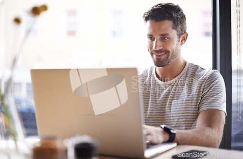 Image of Employee, typing and man with a laptop, cafe and research for a new project, information and review. Male entrepreneur, happy guy or freelancer with technology, pc and search website in a coffee shop