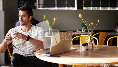 Image of Coffee, laptop or man thinking in cafe about online news the stock market or trading investment strategy. Restaurant, remote work or trader drinking tea or networking on digital website for ideas