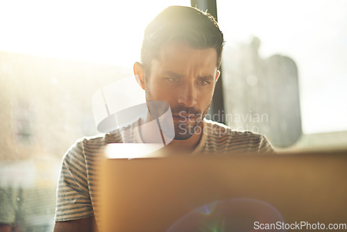 Image of Trader, laptop or man in cafe reading news online the stock market for trading report update on internet. Coffee shop, remote work or entrepreneur typing an email or networking on digital website