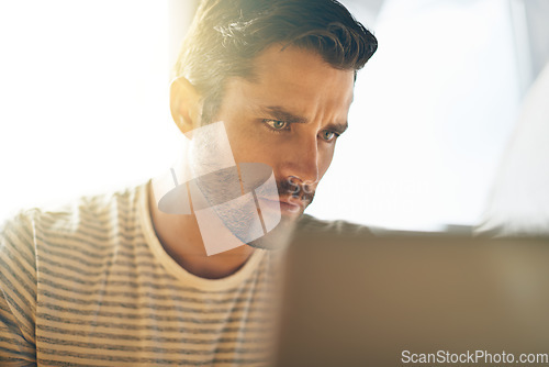 Image of Remote work, laptop or man in cafe reading news online the stock market for trading report update. Coffee shop, entrepreneur or trader typing an email or networking on internet or digital website