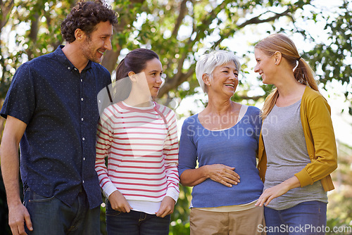 Image of Family, parents with child and grandmother outdoor, happiness and freedom in nature park together. Love, trust and support with happy people spending quality time outside with care and generations