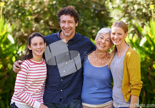 Image of Family in portrait, parents with kid and grandmother outdoor, happiness in nature park together. Love, trust and support with happy people spending quality time outside with care and generations