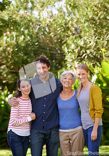 Image of Family are happy in portrait, parents with kid and grandmother, happiness outdoor in nature park together. Love, trust and support with people spending quality time with care and generations