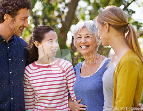 Image of Happy family, parents with child and grandmother outdoor, happiness and freedom in nature park together. Love, trust and support with people spending quality time outside with care and generations