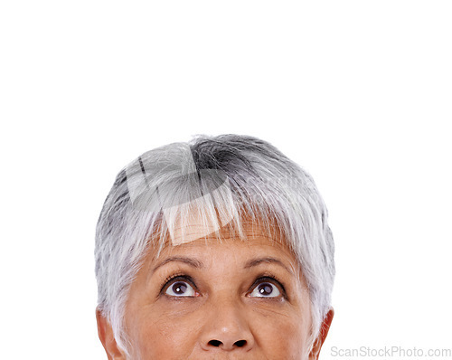 Image of Senior woman, looking up and thinking on question or isolated, curious and face and studio white background. Elderly lady, dreaming of future or wondering, idea and thoughtful expression closeup