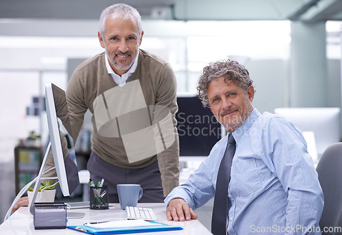 Image of Portrait, mature and teamwork of business people in office with pride for career, job or occupation. Collaboration, smile and professional men, friends or coworkers together in corporate workplace.