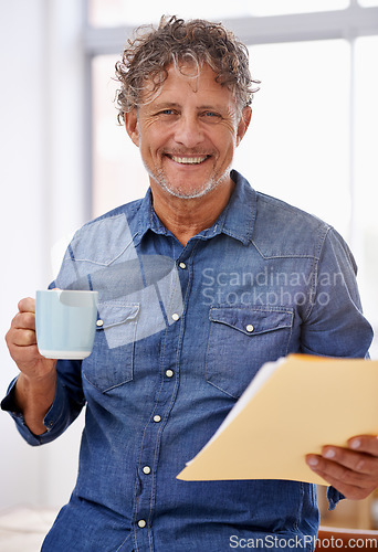 Image of Portrait, coffee and business man with paperwork in office with pride for career, job or occupation. Entrepreneur, documents and happy male person or mature professional from Australia in workplace.