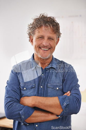 Image of Portrait, happy and business man with arms crossed in office with pride for career, job or occupation. Entrepreneur, male professional and smile of confident boss and mature person from Canada.