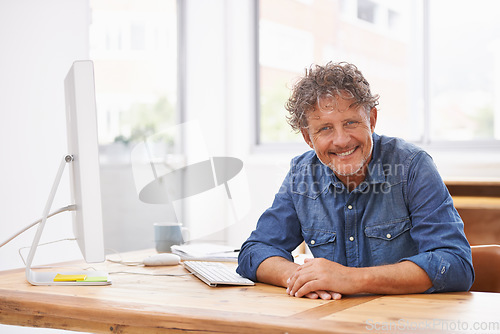 Image of Portrait, mature and smile of business man in office with pride for career, job or occupation. Entrepreneur, male professional and happiness confident boss and person from Australia in workplace.