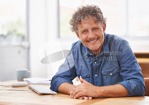 Image of Portrait, senior and smile of business man in office with pride for career, job or occupation. Entrepreneur, professional and happiness of confident boss and male person from Australia in workplace.