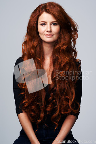 Image of Ginger hair, beauty and portrait of woman in studio for hairdresser, wellness and haircare on white background. Salon, shine and female model with keratin treatment, healthy and natural hairstyle