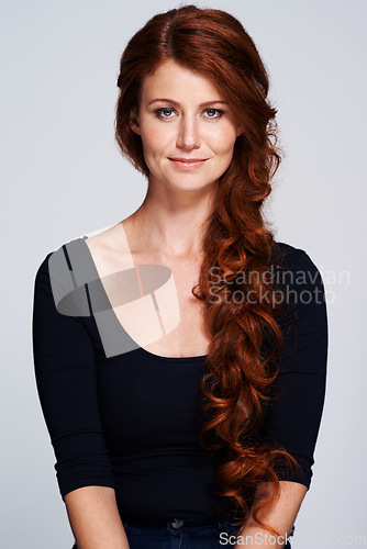Image of Beauty, hair and braid with portrait of woman for salon, red head and cosmetology. Smile, shampoo and stylist with female model isolated on white background for haircut, ginger and cosmetics