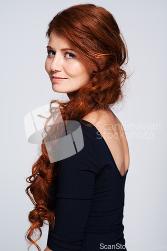 Image of Smile, hairstyle and braid with portrait of woman for salon, hair care and cosmetology. Beauty, red head and stylist with female model isolated on white background for ginger, makeup and cosmetics