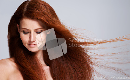 Image of Hair care, red head and woman with wind for keratin treatment, wellness and beauty on white background. Salon, hairdresser and female model face with shine, healthy and natural hairstyle in studio