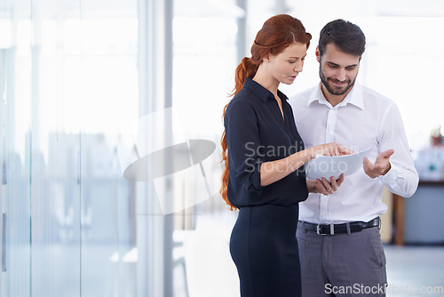 Image of Team work, paperwork and meeting or business people and preparation in the office. Colleagues, brainstorm and management or corporate workers or company financial and collaboration at the workplace