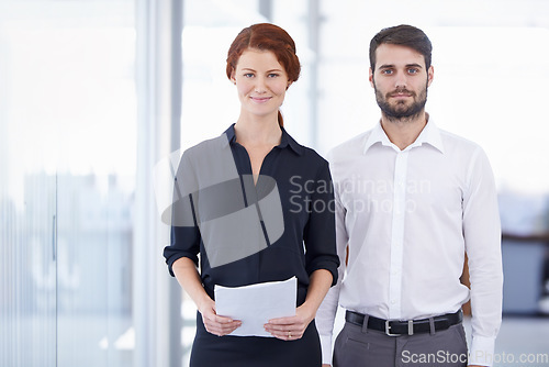 Image of Business people, portrait and documents in corporate finance, planning or teamwork at office. Happy businessman and woman with paperwork for team leadership or financial management on mockup space