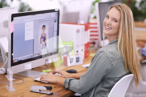 Image of Woman at desk, computer screen and smile in portrait, editor at fashion magazine. Young professional female, image editing software for publication with creativity and editorial career with design