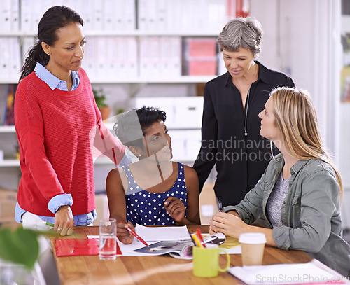 Image of Women in meeting at fashion magazine, diversity and teamwork in conference room with collaboration. Planning, creative team of female employees working together and brainstorming editorial ideas