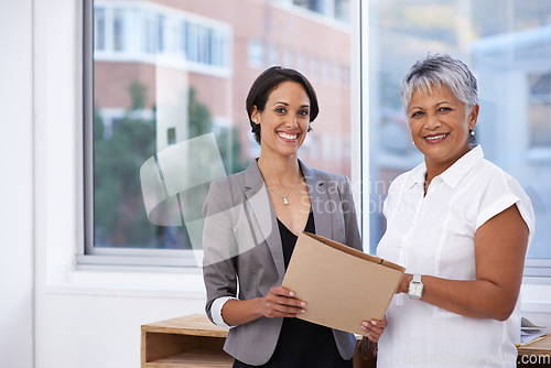 Image of Business team, women and portrait in office for planning, brainstorming or advice. Corporate team or manager and employee together for strategy, collaboration or teamwork with report or paperwork