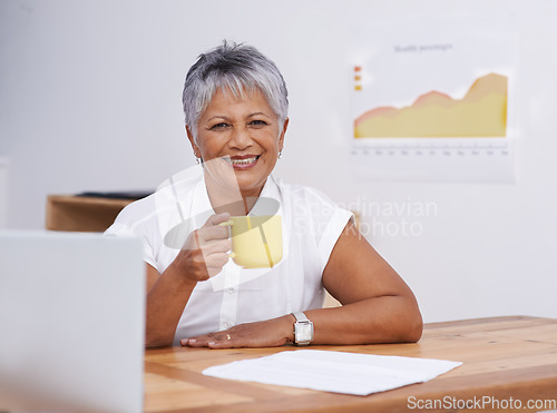 Image of Coffee, office portrait and mature woman with inspiration for planning, online research and happy business growth. Face of indian person, employee or worker with laptop, tea or drink for productivity