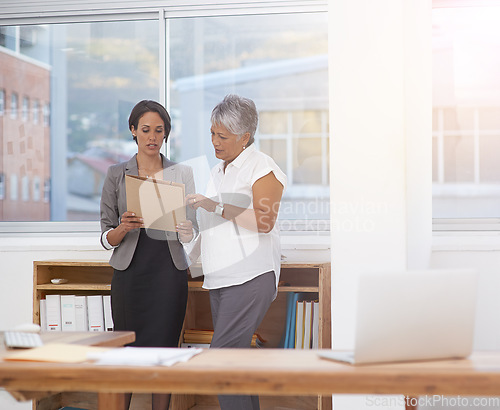 Image of Business, paperwork and women talking in office for planning, brainstorming or advice. Corporate team or manager and employee together for discussion, collaboration or teamwork on a report or project