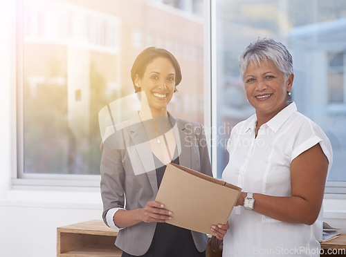 Image of Women, business team and portrait in office for success, teamwork or collaboration. Corporate team or manager and employee together for planning, management or partnership with paperwork for report