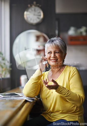 Image of Phone call communication, cafe and elderly woman speaking on smartphone discussion, conversation or restaurant chat. Networking, coffee shop customer or senior female client talking in retail store