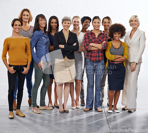 Image of Women, studio and team portrait with diversity, business people and leadership with pride. Isolated, white background and female empowerment with staff and friends together with support and success