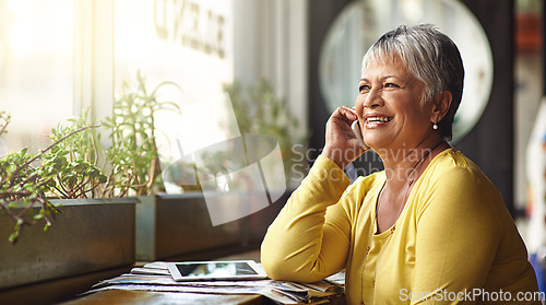 Image of Phone call, restaurant and senior happy woman talking on cellphone discussion, communication or cafe chat. Communication, coffee shop customer and elderly person consulting, smile or talk in store