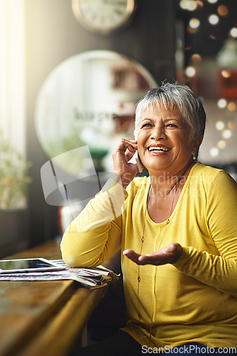 Image of Phone call, cafe and elderly happy woman talking on cellphone discussion, communication or restaurant conversation. Communication, coffee shop customer and senior female client consulting in store