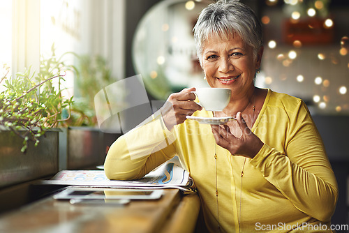 Image of Coffee shop, portrait and happy senior woman with morning tea, hot chocolate or cup of espresso, latte or warm drink. Happiness, relax and elderly person, female client or customer in restaurant cafe