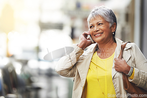 Image of Phone call, conversation and elderly happy woman on urban city commute, travel and talking to cellphone contact. Communication mockup, walking and senior person consulting, speaking or chat on mobile
