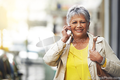 Image of Phone call, portrait and elderly happy woman on urban road, commute and talking to retirement contact. City travel, discussion and senior person consulting, speaking and walking on street sidewalk