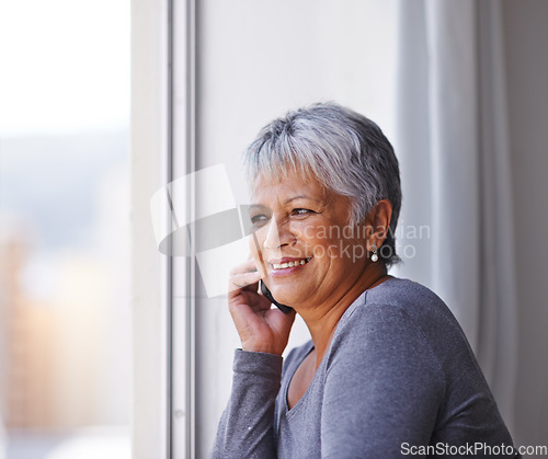 Image of Phone call conversation, window view and elderly woman smile, communication and talking to retirement contact. Listening, connection and senior female person, lady or cellphone user chat on mobile