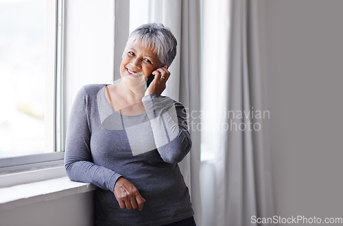 Image of Phone call communication, smile and elderly woman talking, consulting and chat on mobile conversation, discussion or networking. Listening, relax and senior person talk to cellphone contact in Mexico