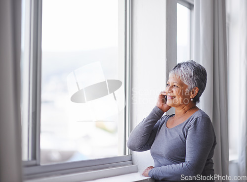 Image of Phone call, window view and senior happy woman speaking, smile and talking to Mexico retirement contact. Listening, happiness and elderly person, lady or female smartphone user consulting on mobile